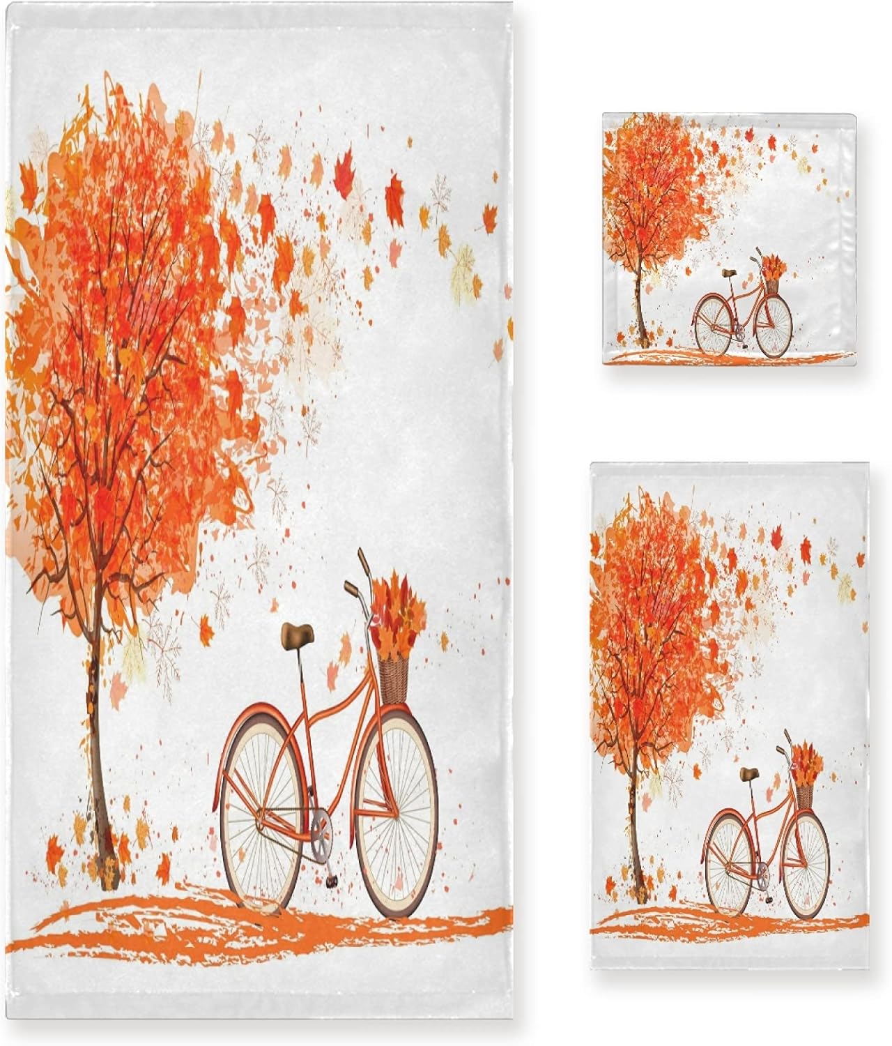 Towel Bathroom Sets, Autumn Fall Trees and Bicycle Towels 3-Piece 1 Bath Towel 1 Washcloth 1 Hand Towel, Thanksgiving Leaves Bath Towel Set of 3 Soft Multifuntion for Home Kitchen Hotel Gym Swim Spa