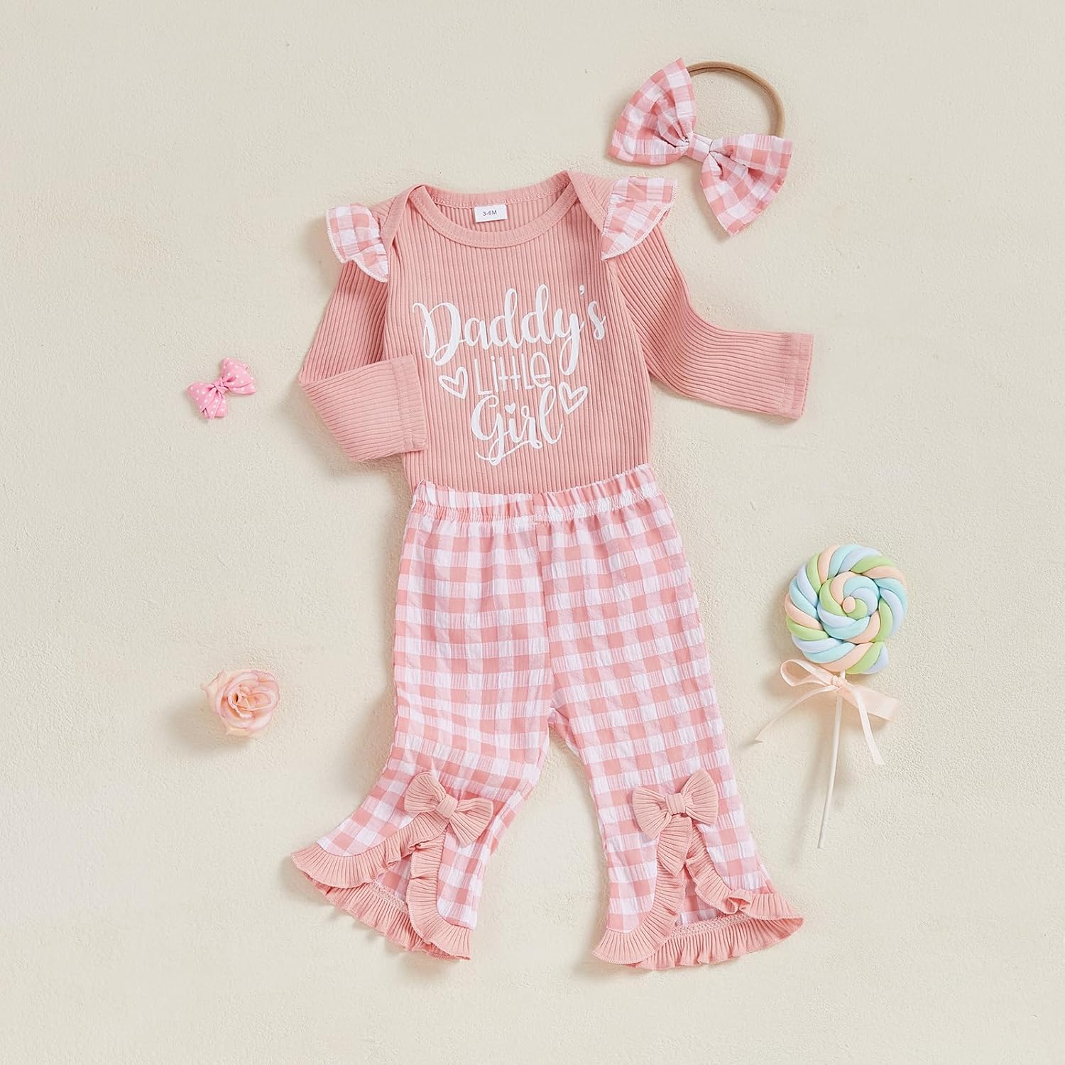 Ursobutegl Newborn Baby Girls Outfits Daddy's Little Girl Romper Jumpsuit Bodysuit Plaid Flare Pants Set Fall Winter Clothes - Image 5