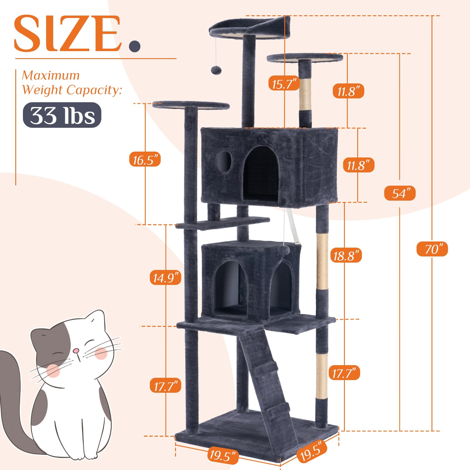 Sweetcrispy 63 inch Cat Tree Tower, Large Multi Level Cat Climbing Tower with Condo, Natural Sisal Scratching Posts, Extended Platform, Hammock, Pet House for Indoor Cats and Kittens Play, Grey: Dark Grey 70IN