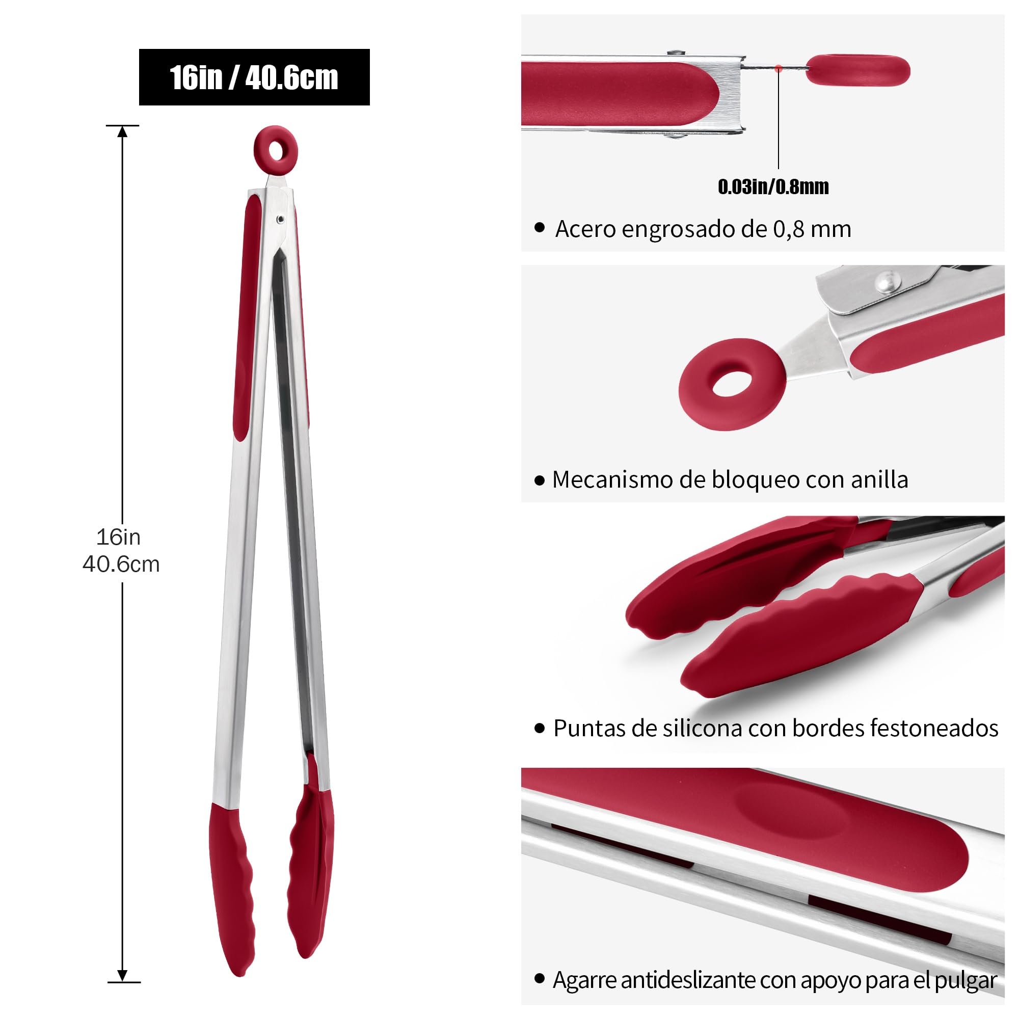 Doosu Pinza cocina silicona extralarga, calor hasta 315℃, 40cm, rojo | Pinzas punta goma alimentos calientes freidora air, barbacoa agarre antideslizante con bloqueo, utensilio asar, freír