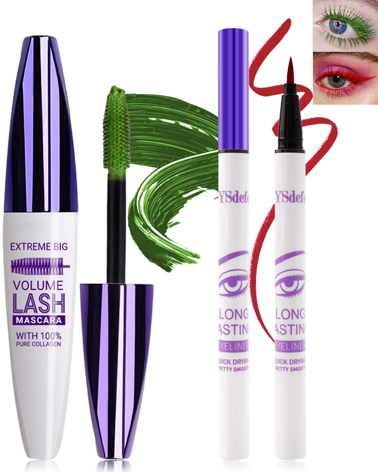 Green Mascara Red Eyeliner Set,5D Waterproof Fiber Colored Mascara Volume and Length,Longlasting Smudgeproof Color Eye Liner Pen,Cosplay Party Stage Use,Christmas Makeup Gift Kit for Women Girl