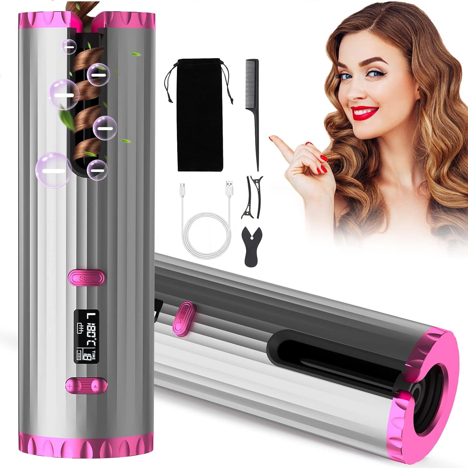 Cordless Hair Curler, Automatic Curling Iron with 6 Temps