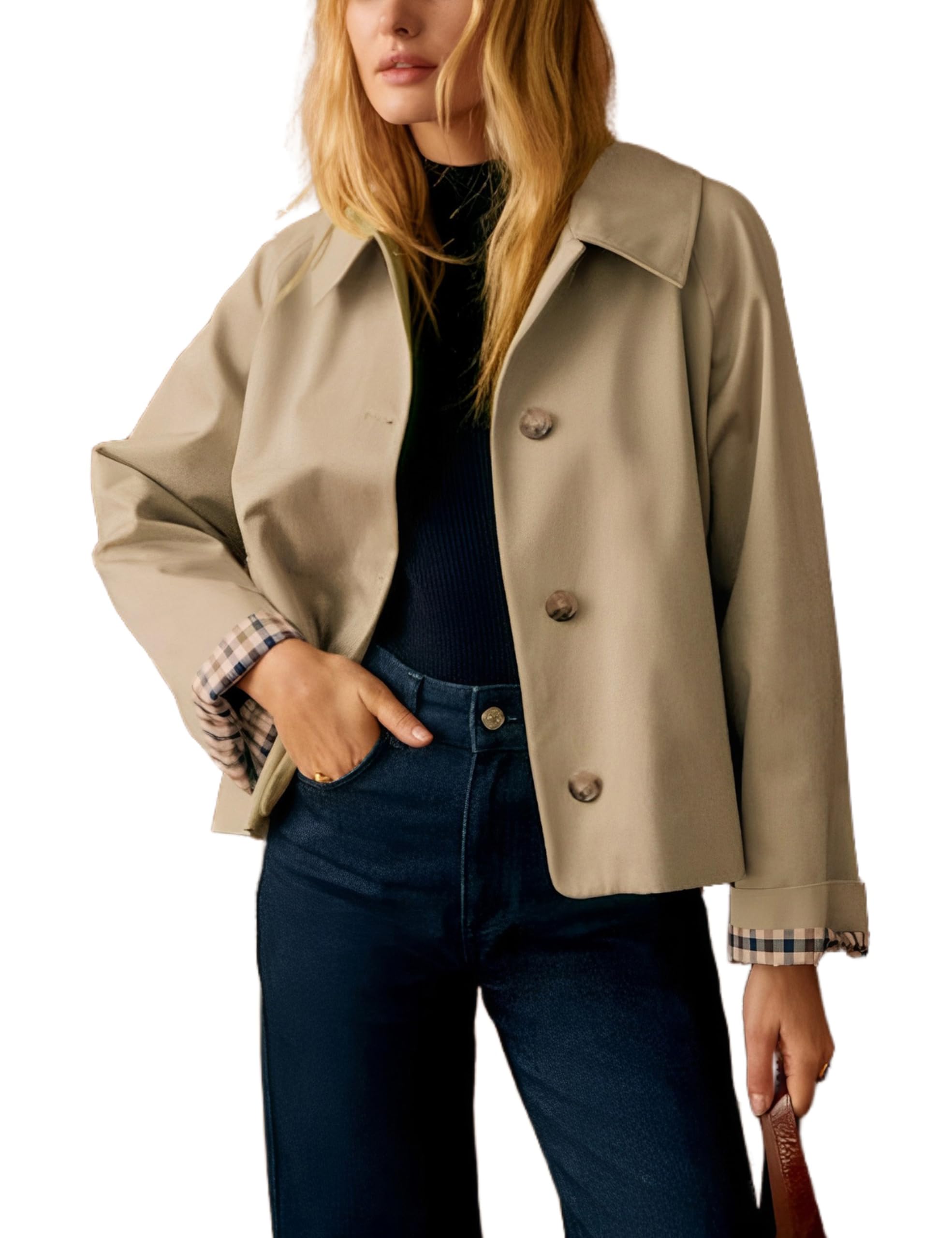 Womens Cropped Trench Coat Classic Collar Oversized Casual Jackets with Checkered Lining