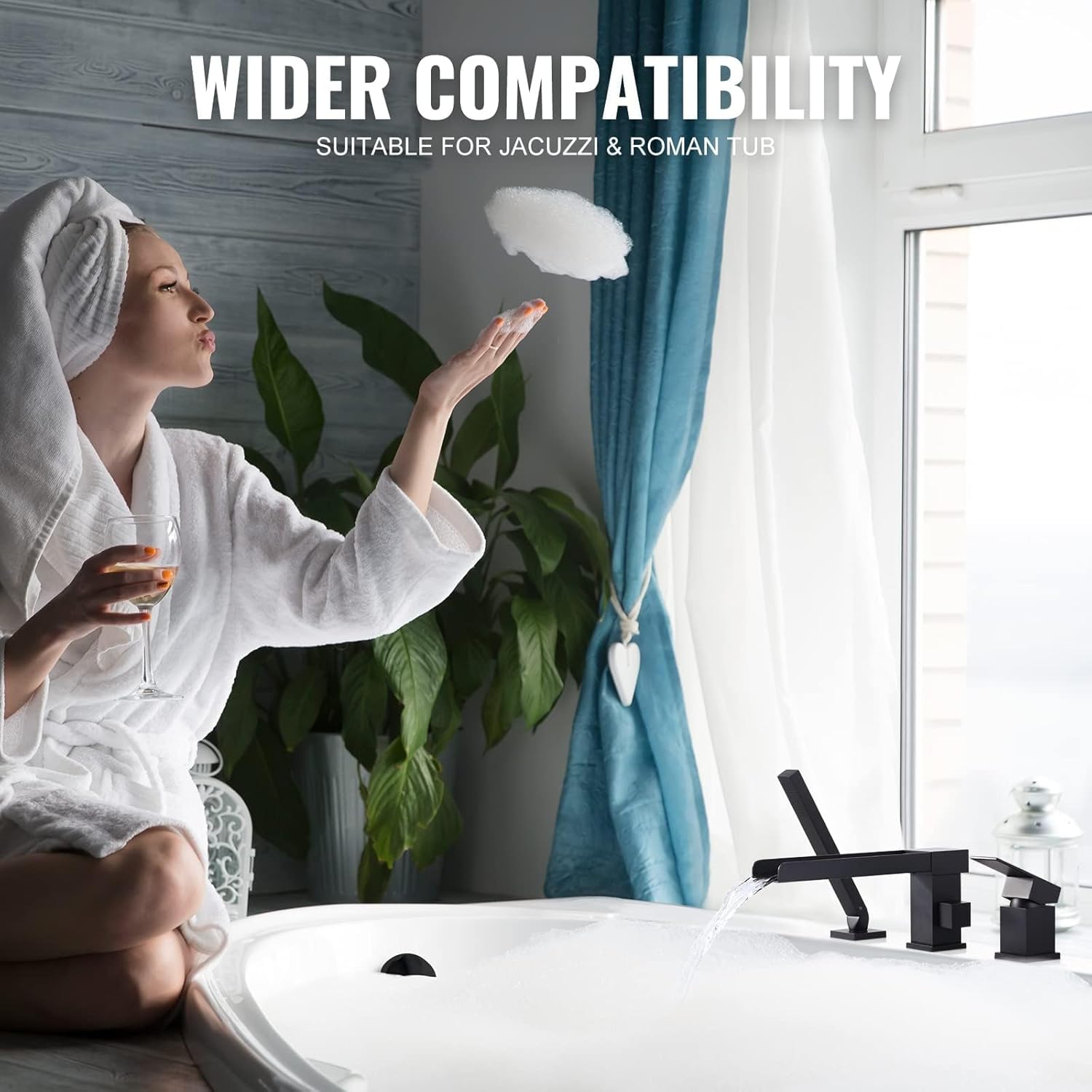 Waterfall Roman Tub Filler Faucet, Deck Mount Bathtub Filler with 360°Swivel Spout, 3 Holes Bathroom Tub Faucet with Sprayer, Matte Black