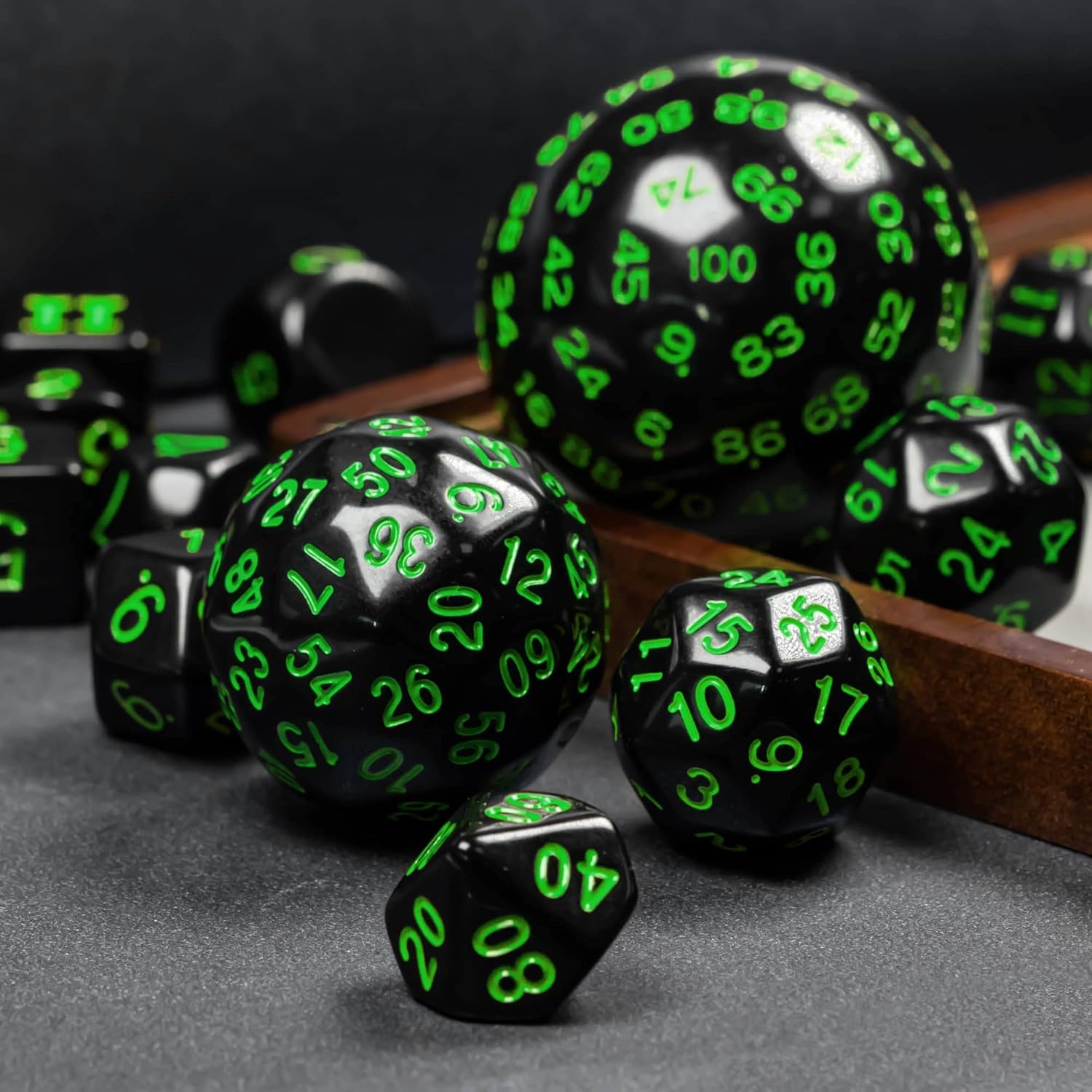 15 Pieces Complete Polyhedral DND Dice Set D3-D100 Spherical D&D Dice Set with Dragon Eye Dice Bag, D100 Dice for RPG Table Games(Black w/Green Numbers)