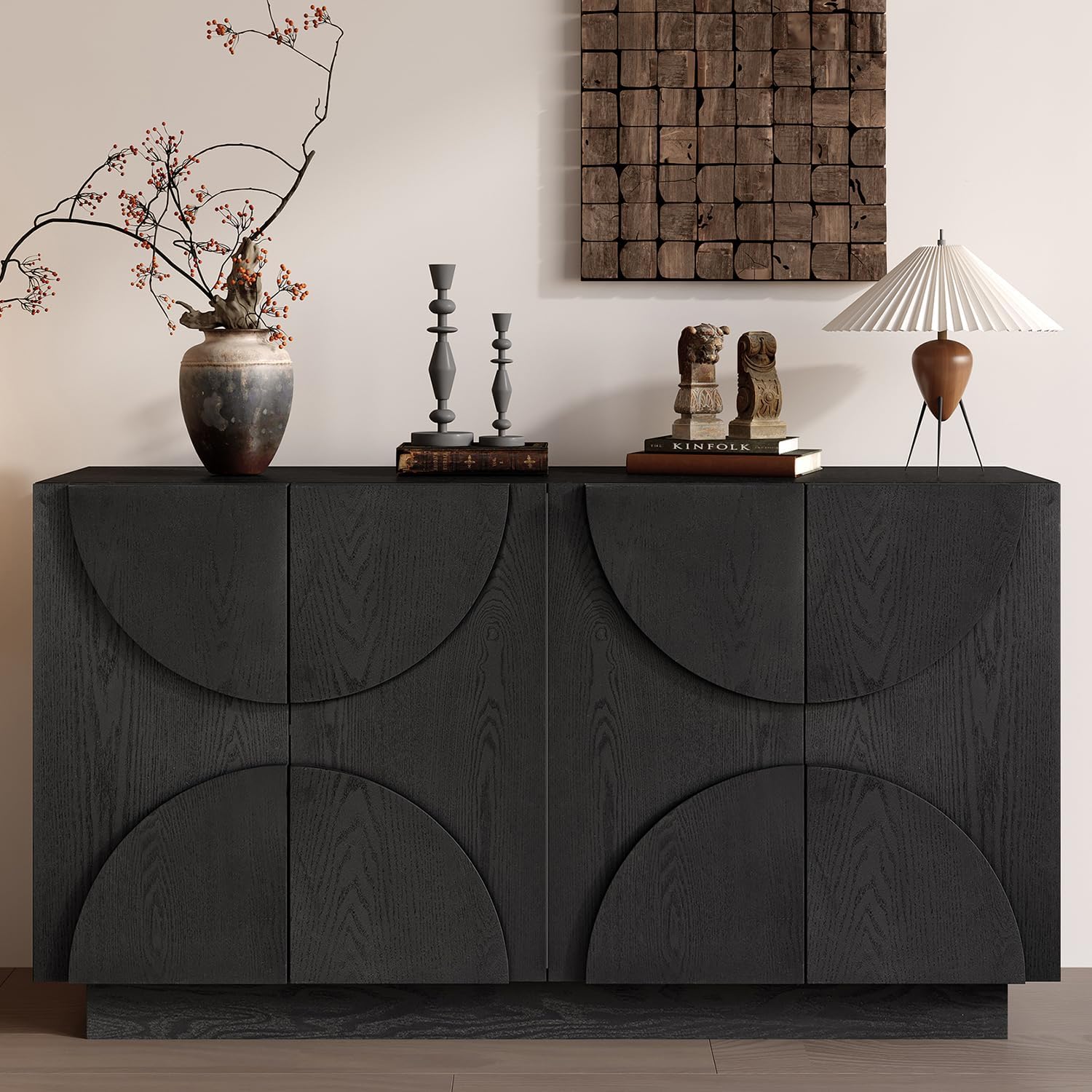 56" Sideboard Buffet Storage Cabinet, 4-Door Modern Cedenzas Buffet Table, Wood Accent Entryway Console with Semi-Circular Handles for Living Room Hallway, Adjust Shelves, Black