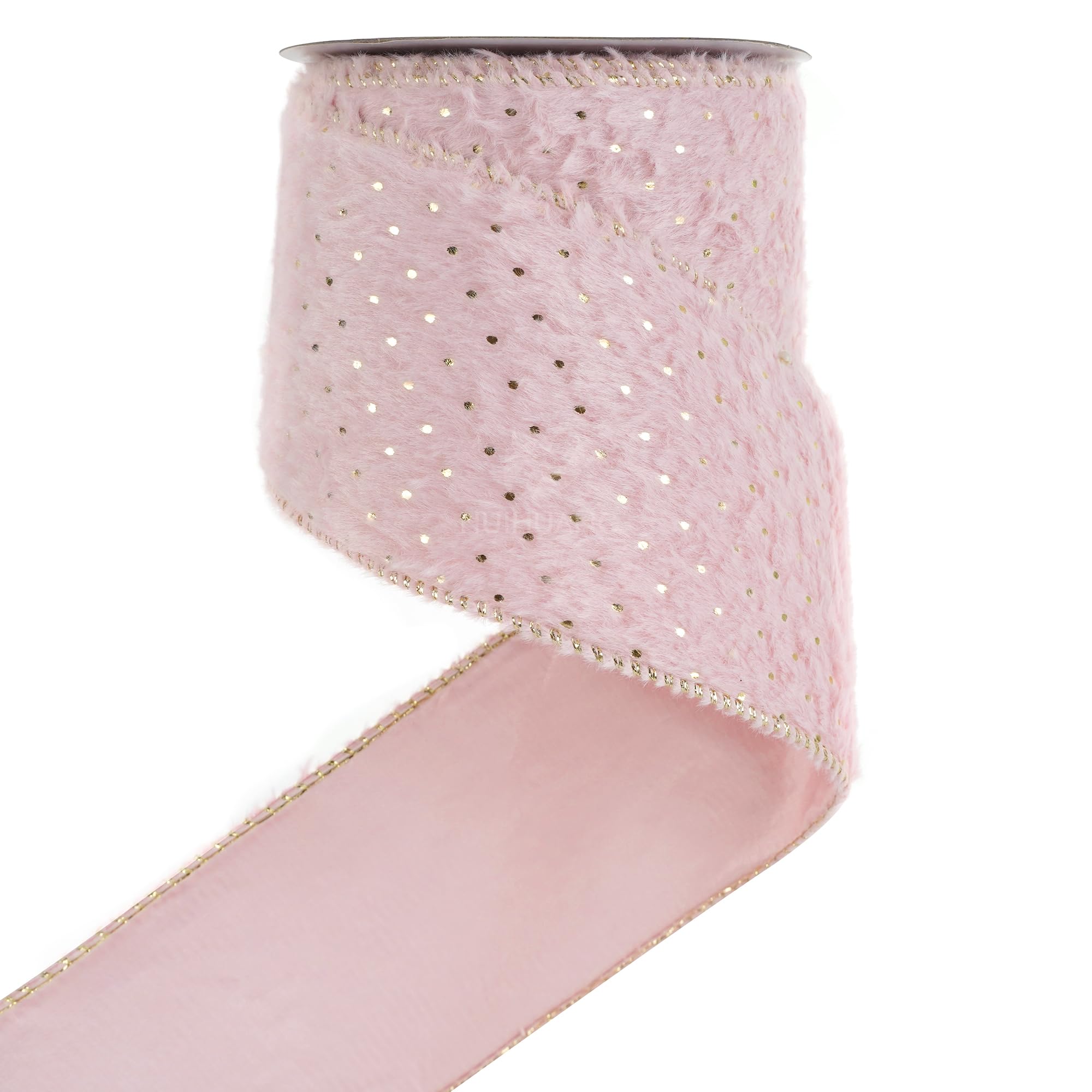 HUIHUANG Pink Christmas Ribbon 4 inch Faux Fur Wired Ribbon with Gold Polka Dot, Light Pink Christmas Tree Ribbons for Large Bows, Wreaths, Garland,