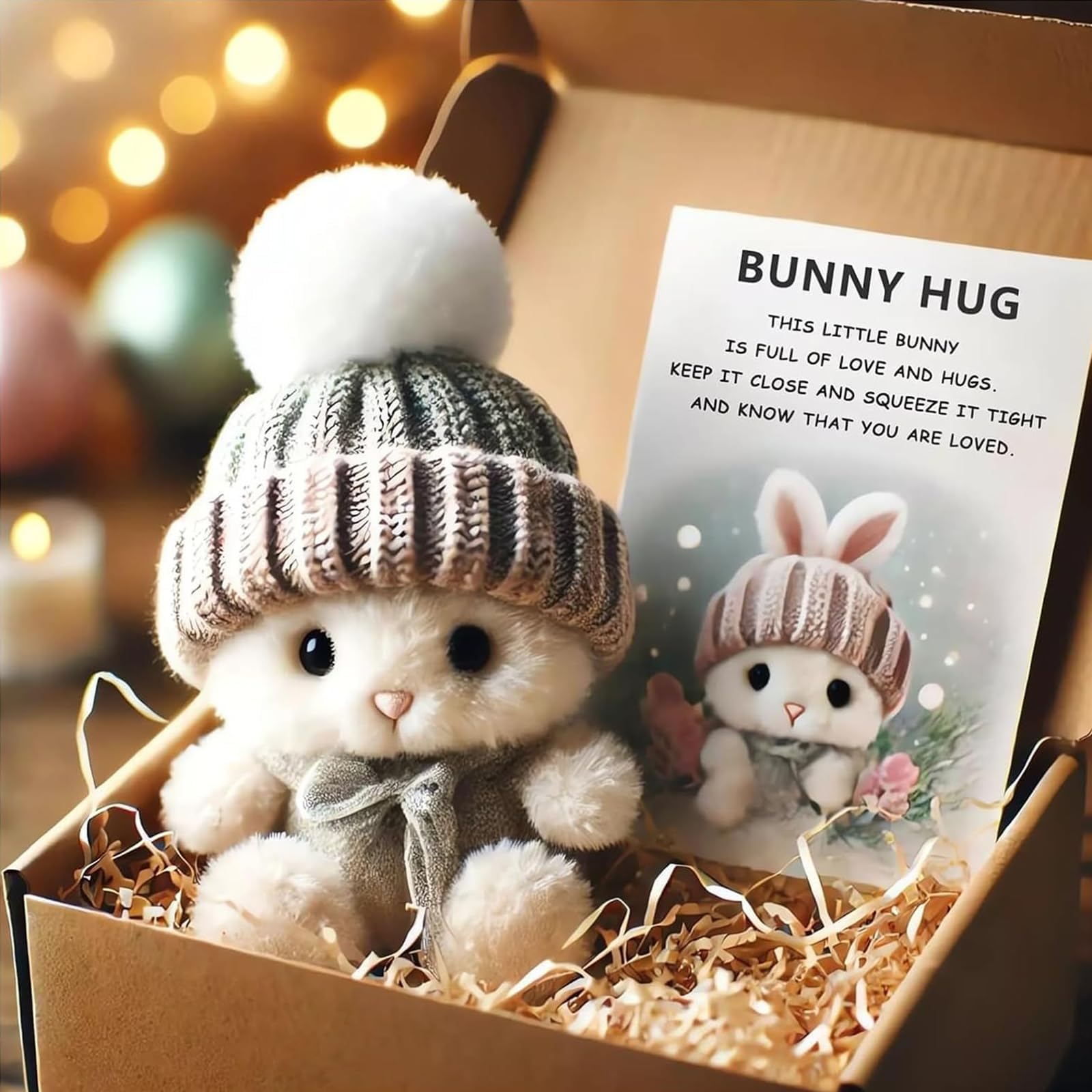 Mini Bunny Hug Cute Easter Gift, Mini Bunny Hug in Box, Emotional Support Positive Crochet Bunny with Inspirational Card, Handmade Plush Pocket Hug Rabbit Doll for Kids Family Friend (1PC-Grey)