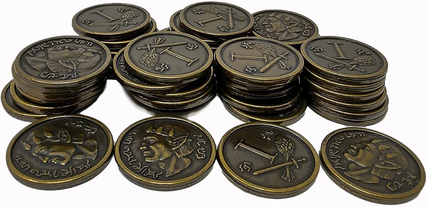 Roll Player: 60 Premium Metal Gaming Coins | Realistic Fantasy Coins for Roll Player & Other Games, RPGs, Cosplay | Token Upgrade with Custom Coins in 1 and 3 Value by Thunderworks Games