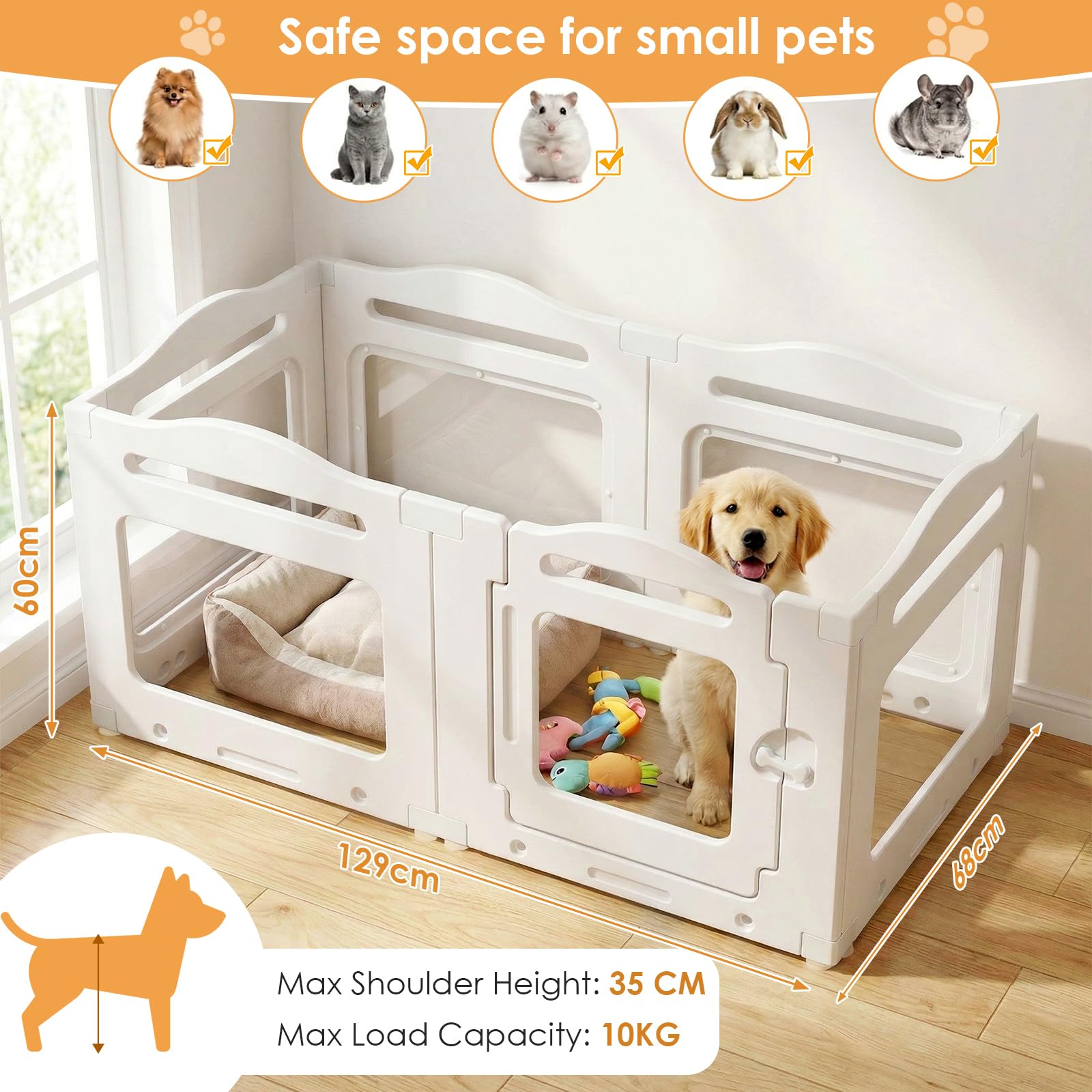 MAMIZO Recinto per Cani Acrilico 129 × 68 × 60 cm, Box per Cuccioli con Ventose, Box per il Parto Cani con Porta a Chiusura, 6PCS Pannelli Parco per Cani adatto Appartamento, Bianco