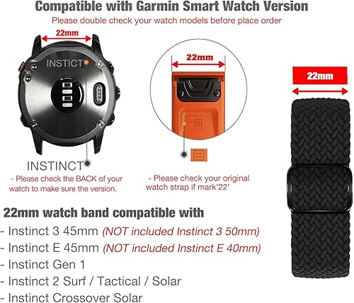 Miniatura 3 de Abanen Correa de reloj elástica Solo Loop de 0.876 pulgadas para Garmin Instinct 2 SolarInstinct 3 de 1.772 pulgadas, correa trenzada ajustable