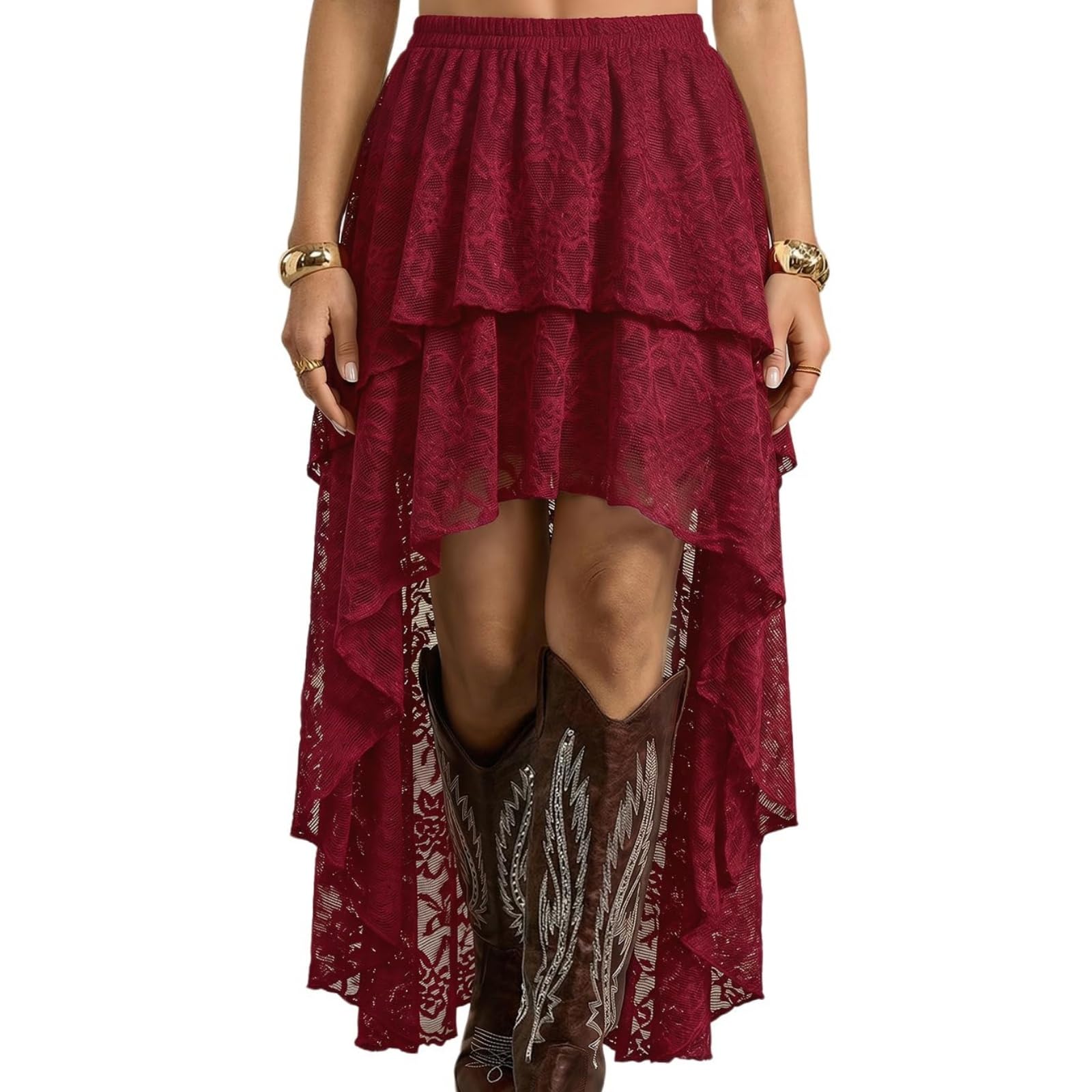 Générique Jupe Longue à Volants en Dentelle et Tulle superposés pour Femme, Coupe trapèze, Style bohème, Ourlet Tendance, idéale pour Les Sorties. (Burgundy,Grand)