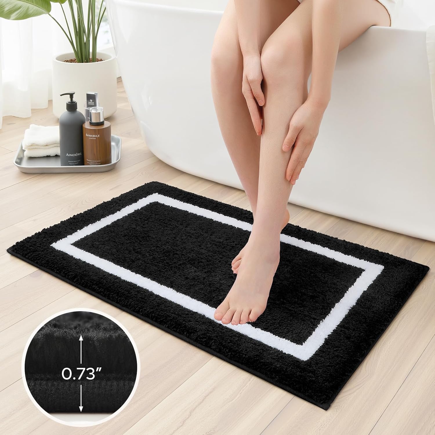 HOMEIDEAS Bathroom Rugs Sets 2 Piece, Super Soft and Absorbent Microfiber Tufted Bath Mats, Non-Slip and Machine Washable Bath Rugs(Black and White)