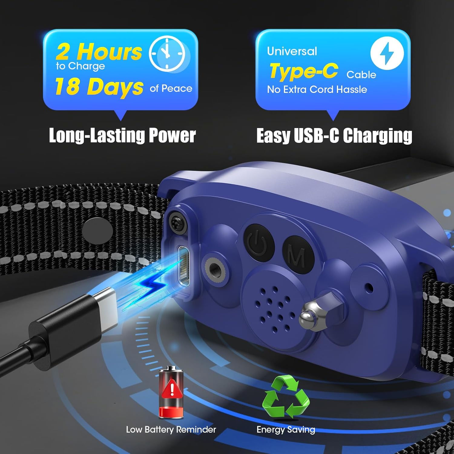 Oliry Smart AI Bark Collar S1 Pro being charged via a USB-C cable, with text indicating 2 hours to charge and 18 days of use.