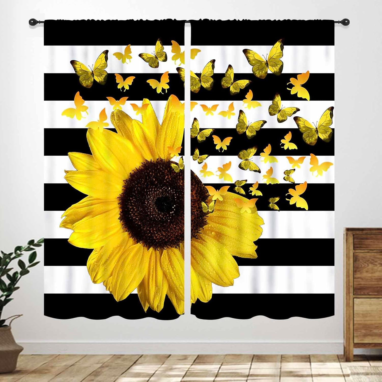 Sunflower Curtains for Kitchen,Motivational Floral Quote Yellow Sunflower Girl Women Farmhouse Rural Cottage Black Bedroom Living Room Bathroom Window Treatments Curtain 2 Panels,63X63 Inch