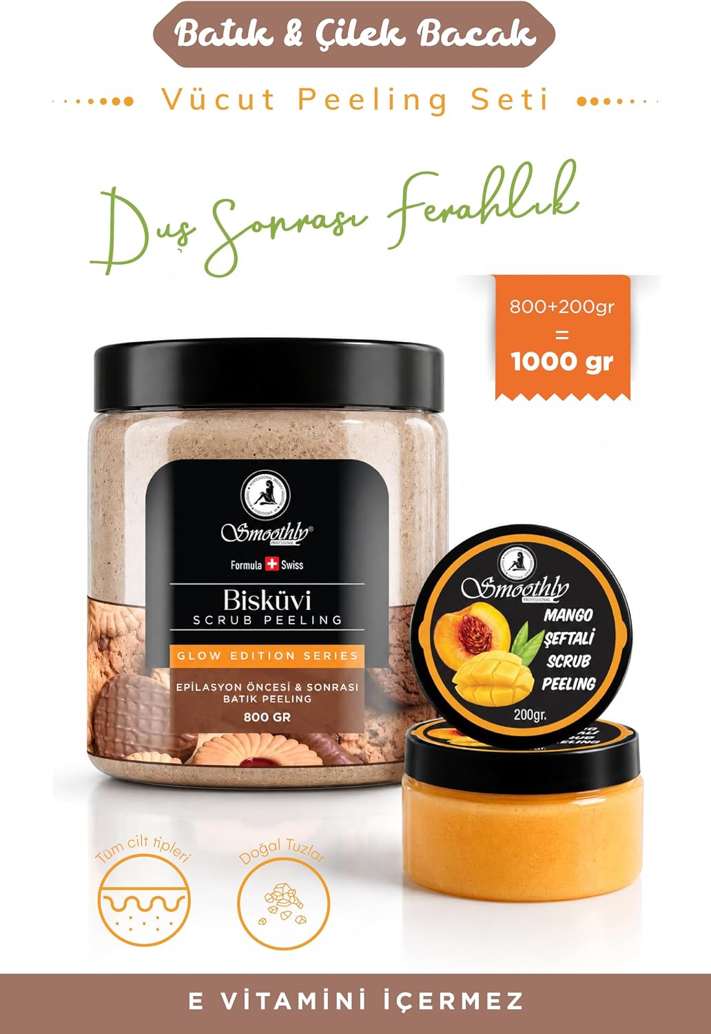 smoothly Epilasyon, Ağda Sonrası Batık Peeling 1kg Set Bisküvi Peeling+mango Şeftali Peeling+tüy Geciktirici