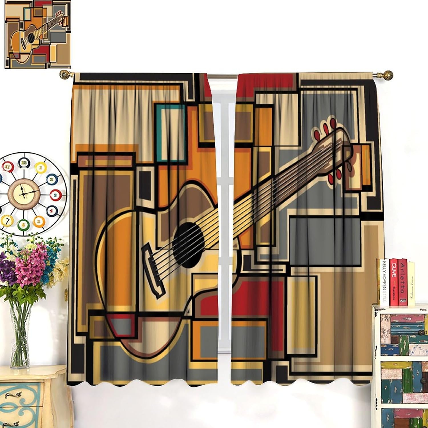 Music Curtains, Funky Fractal Geometric Square Shaped Background Guitar Art Thermal Insulation and Shading Decor Rod Pocket Curtains for Bedroom Living Room 42" W X 54" L