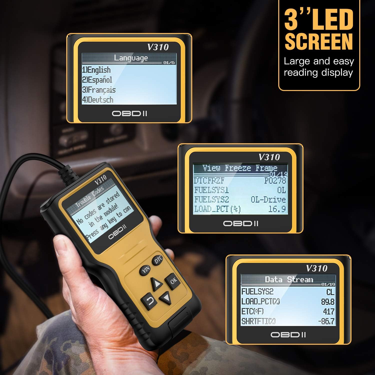 FYSMY OBD2 Scanner,Enhanced OBD II Automotive Engine Fault Code Reader Diagnostic Scan Tool Vehicle Trouble Codes Analyzer CAN Scan Tool for OBDII Protocol Cars Since 1996 (Yellow)