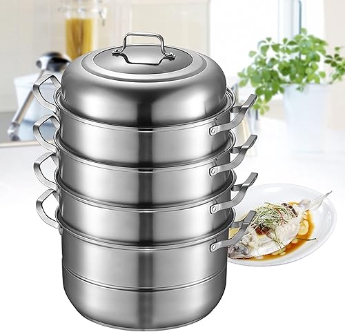 Miniatura 10 de Vaporizador de acero inoxidable de 3 niveles, olla de sopa de vapor herramienta de cocina con tapa de vidrio para uso en estufas de inducción