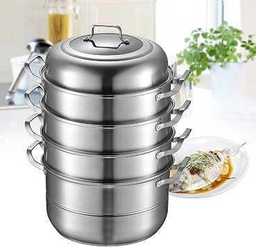 Steam Canner, Food Steamer Pot, 304 Stainless Steel Steamer Stackable Steam Cooker 32cm Steamer Stainless Steel 5-Layer Large Capacity Cookware with Flexible Lid