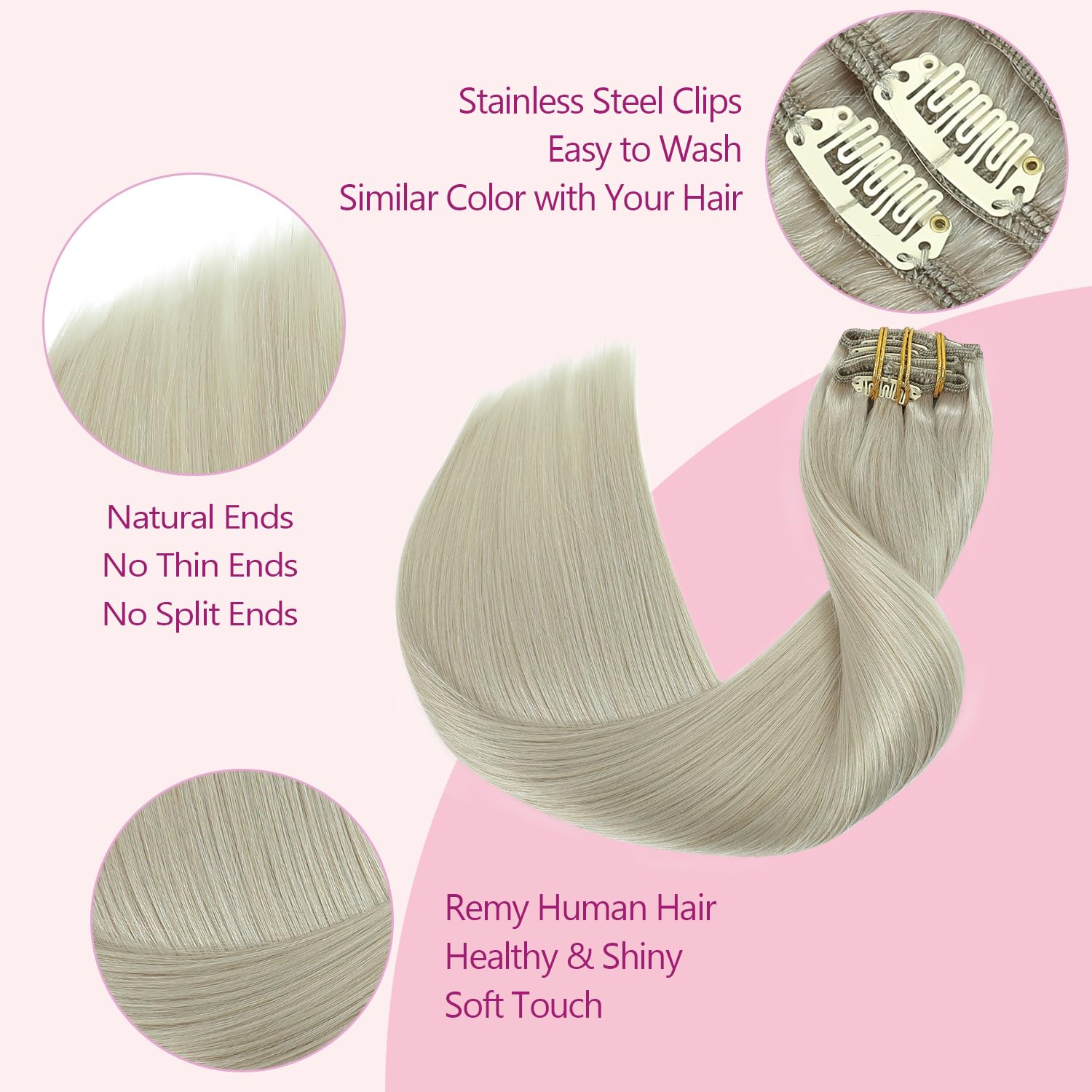 PINKPEARL Clip in Hair Extensions Real Human Hair, 18 Inch 120g 7pcs #1000 Gray Blonde Human Hair Extensions Clip Ins, Remy Hair Clip ins(#1000-18)