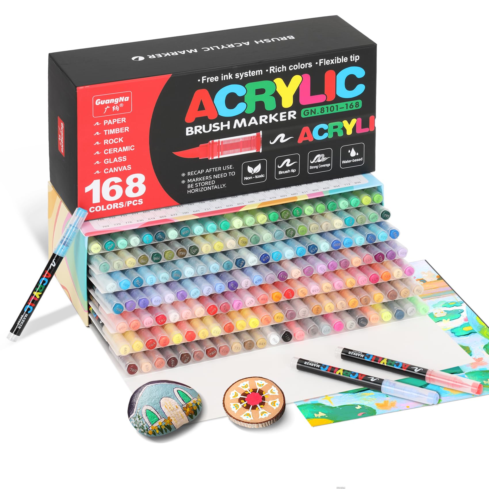 168 Colors Acrylic Paint Markers Brush Tip, Acrylic Paint Pens with Direct-Liquid Ink System, Paint Markers for Rock Painting, Fabric, Wood, Canvas, Plastic, Permanent,Washable,Quick-Drying,Waterproof