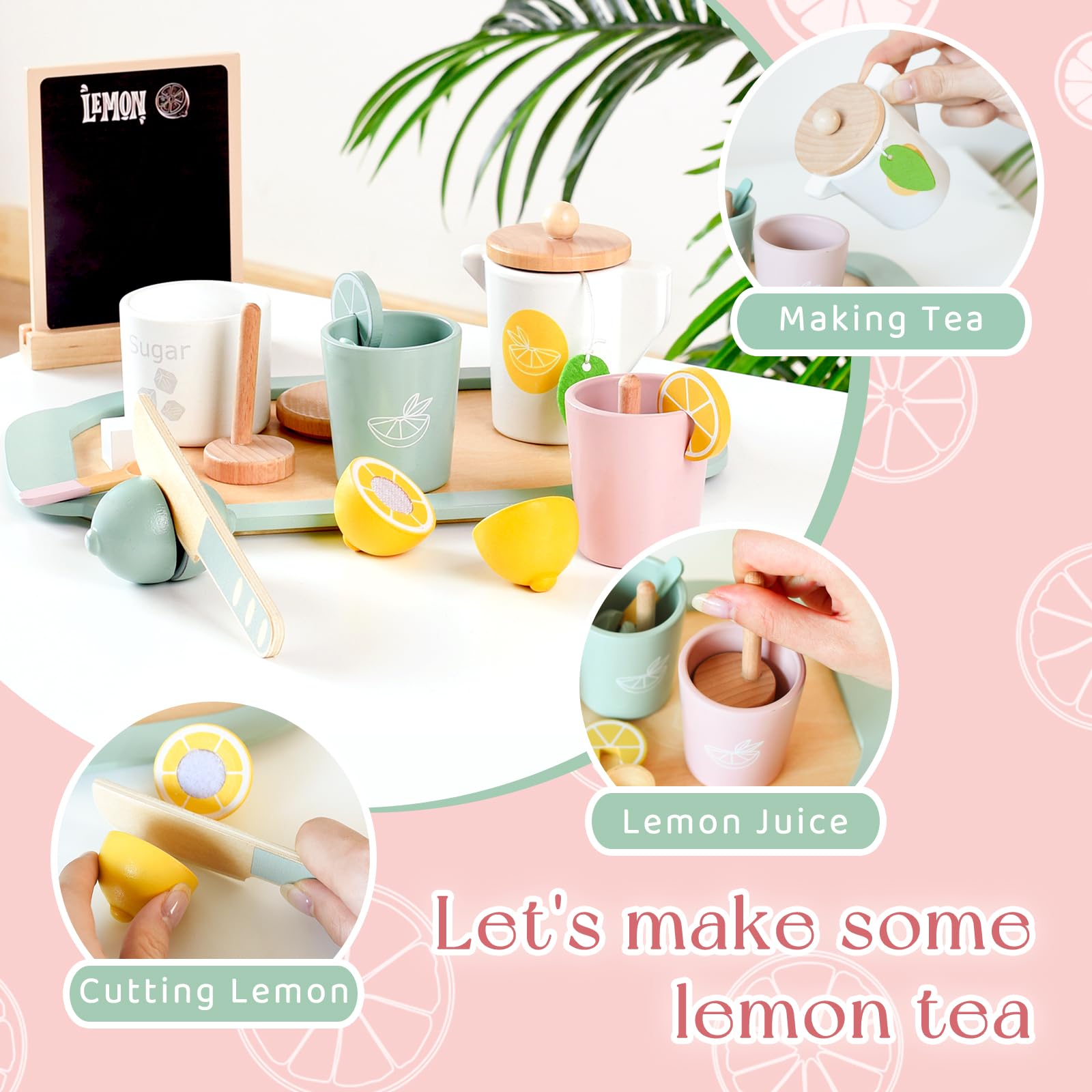 Soporte de limonada para niños, juego de té de simulación, juego de fiesta de té, suministros de soporte de limonada, no requiere montaje, juguetes de madera no tóxicos, juegos de té para 2