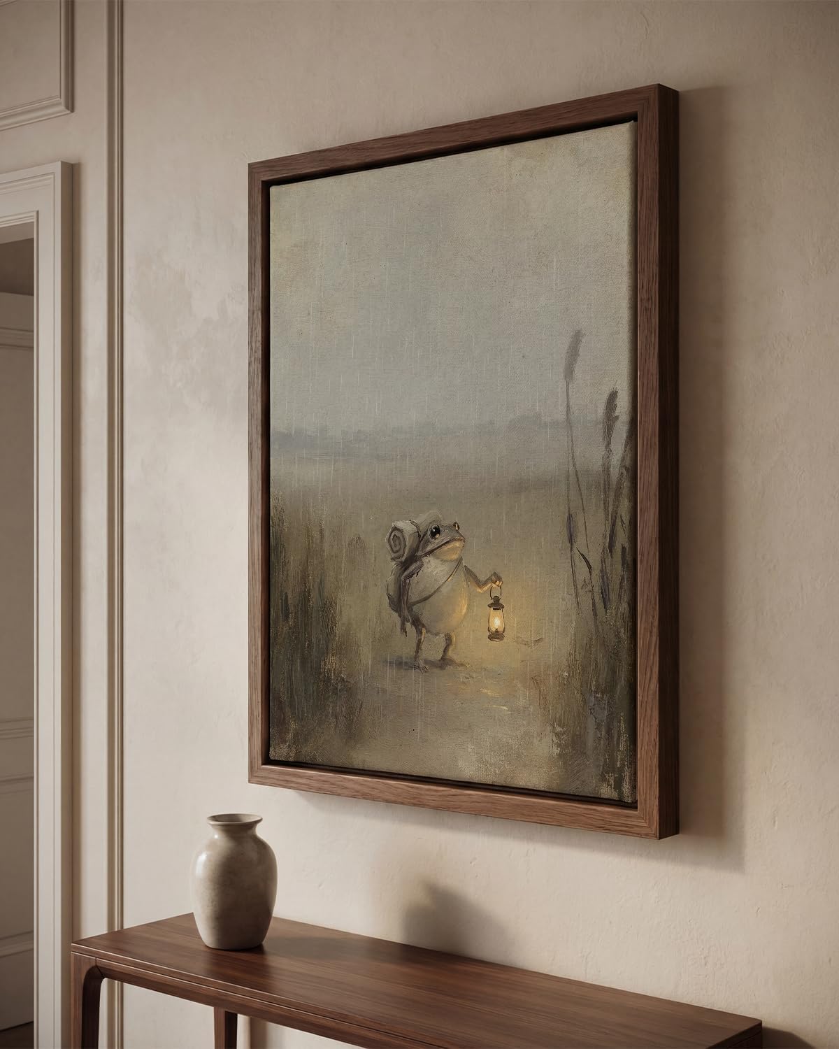 Whimsical Frog Framed Canvas Wall Art 12x16 Inch – Vintage Rainy Night Traveler with Lantern Painting – Cozy Cottagecore Woodland Neutral Wall Decor for Bedroom, Office or Reading Nook