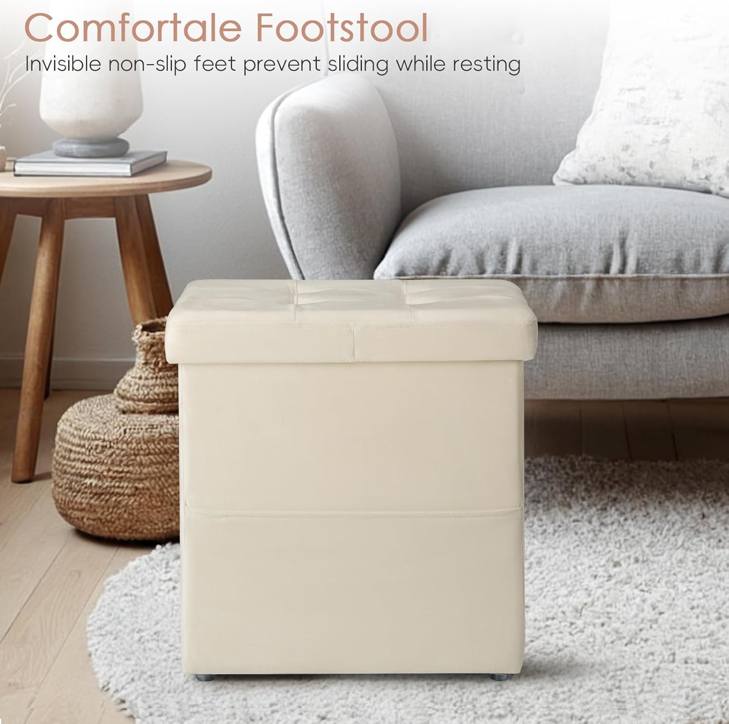 Ottoman with Storage, Set of 2 Footstool with Side Pocket, 16.8 Inches Small Upholstered Ottoman Foot Rest, Multifunctional Ottomans for Living Room, Bedroom, Singel Sofa, Cream