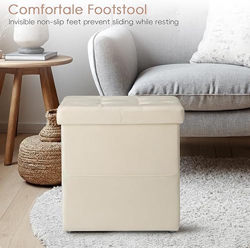 Miniatura 6 de Otomana con almacenamiento, juego de 2 reposapiés con bolsillo lateral, reposapiés otomano tapizado pequeño de 16.8 pulgadas, otomanas Crema,Negro