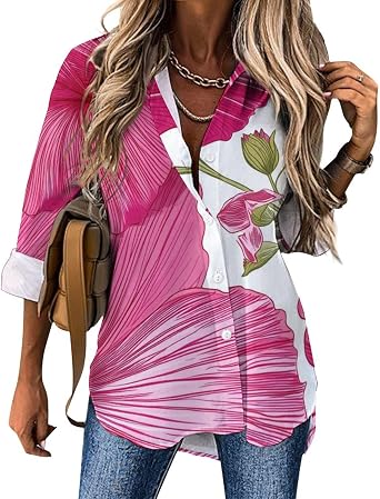 Womens Button Down Shirts Boho Floral Printed Long Sleeve Blouses Collared Dressy Casual Loose Fit Summer Work Tops
