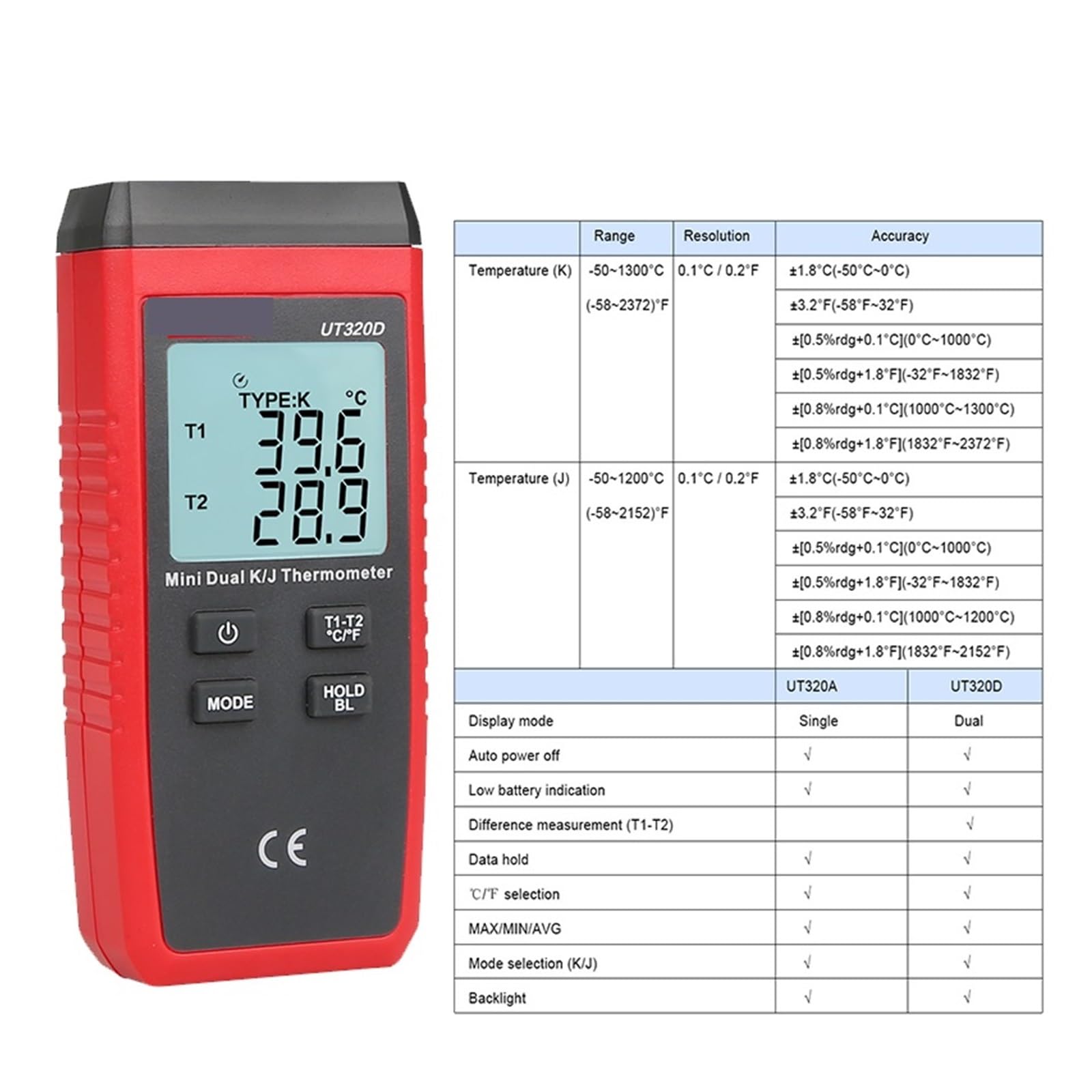 UT320A UT320D Digitalthermometer, Mini-Doppelkontakt-Thermoelement Typ KJ Hochtemperaturmessgerät-Tester -50 ℃ bis 1200,Präzisionsinstrument(UT320D)