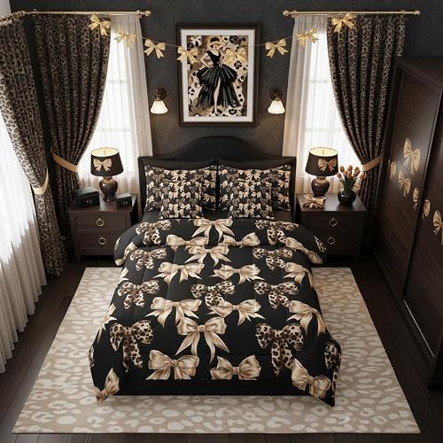 Erosebridal Leopard Print 7 Piece Bedding Set Twin Ribbon Bow Comforter Set with