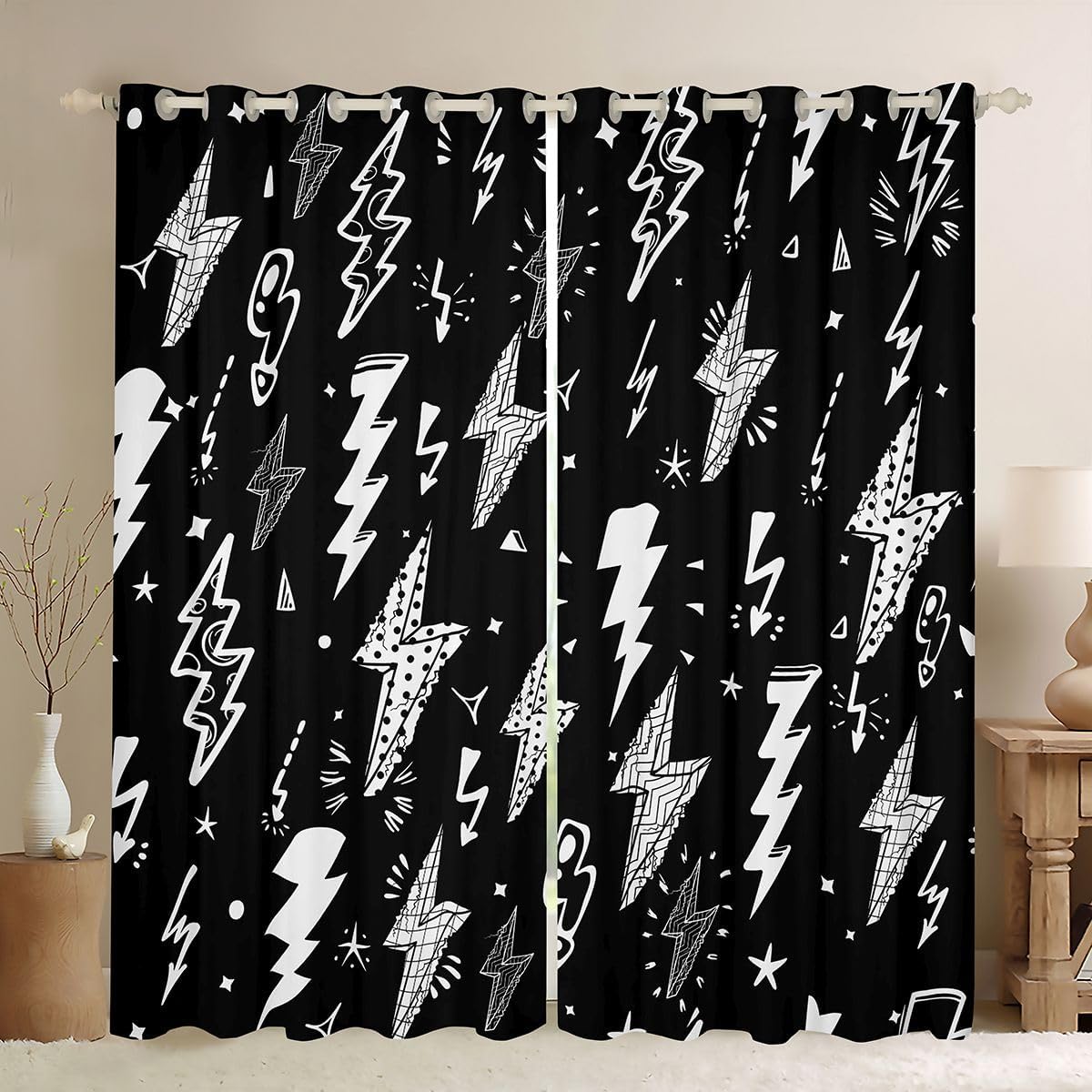 Lightning Blackout Curtains Hand Drawn Doodle Lightning Bolt Window Drapes for Living Room Thunderbolts Window Treatment Grommet Top Microfiber Fabric 2 Panel Set Curtains, 76Wx45L inch