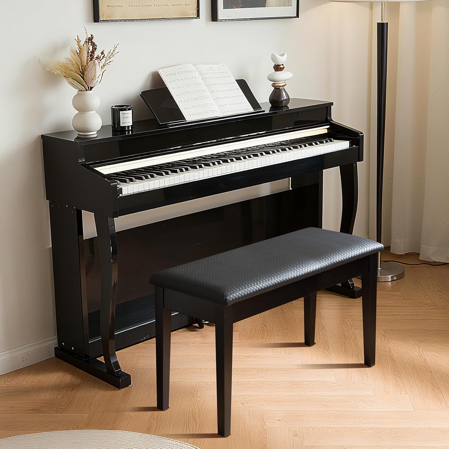 Duet Piano Bench with Storage for Music Books, Waterproof Synthetic Leather Padded Stool, Oak Wood Keyboard Bench Holds 350 lbs, Soft Cushioned Piano Stool, Easy Assembly, 29.5"x13.2"x19.5" Black