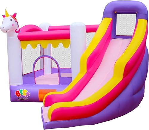 Miniatura 5 de BESTPARTY Casa inflable de unicornio, castillo animoso con soplador, casa de rebote con tobogán, castillo animoso para niños con área de salto,
