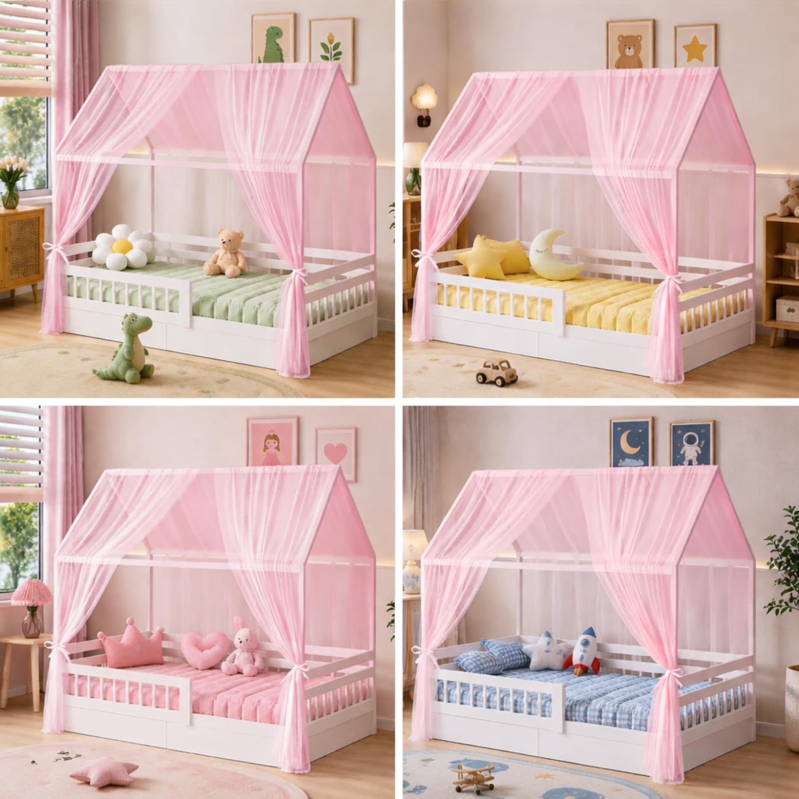 Betthimmel für Hausbett, 2 Stück Kinderzimmer Himmel 350x150cm, Hausbett Himmel aus Baumwoll-Musselin, Weich und Atmungsaktiv, Deko und Verschönerung für Jungen- und Mädchenbett, Rosa