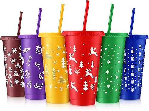 12 vasos de plástico de Navidad con tapas y pajitas a granel, vaso de plástico grueso de 6 colores de 24 onzas con tapas y pajillas, vasos