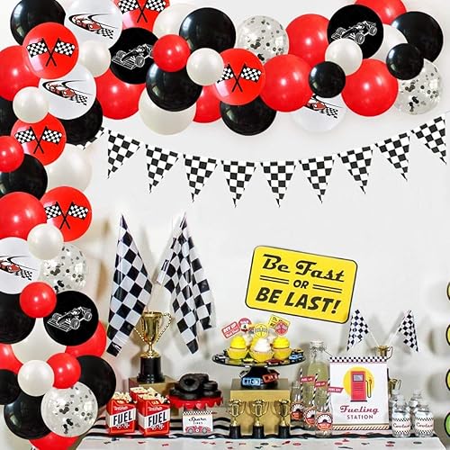 Miniatura 4 de 60 unidades de globos de látex de color blanco, negro y rojo con bandera de carreras de coches de carreras de automóviles a cuadros para decoración