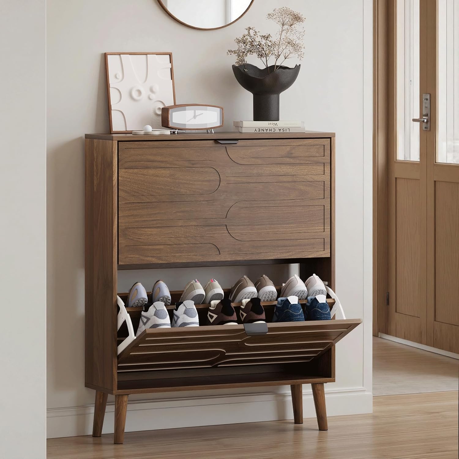 Shoe Cabinet with 2 Flip Drawers, Freestanding Shoe Storage Cabinet with Fluted Panel Design, Hidden Shoe Organizer Rack for Enterway, Hallway, Foyer, Walnut