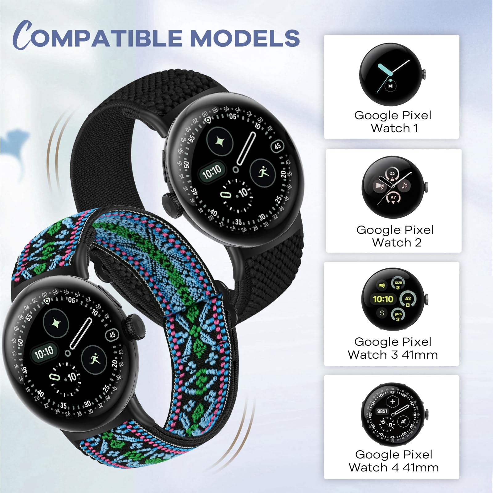 BTTNG Elastic Watch Straps Compatible with Google Pixel Watch 4/3 41mm/Pixel Watch 2/1 Bands for Women Men, Adjustable Stretchy Sport Nylon Bands Replacement Wristbands 3 Pack - 3