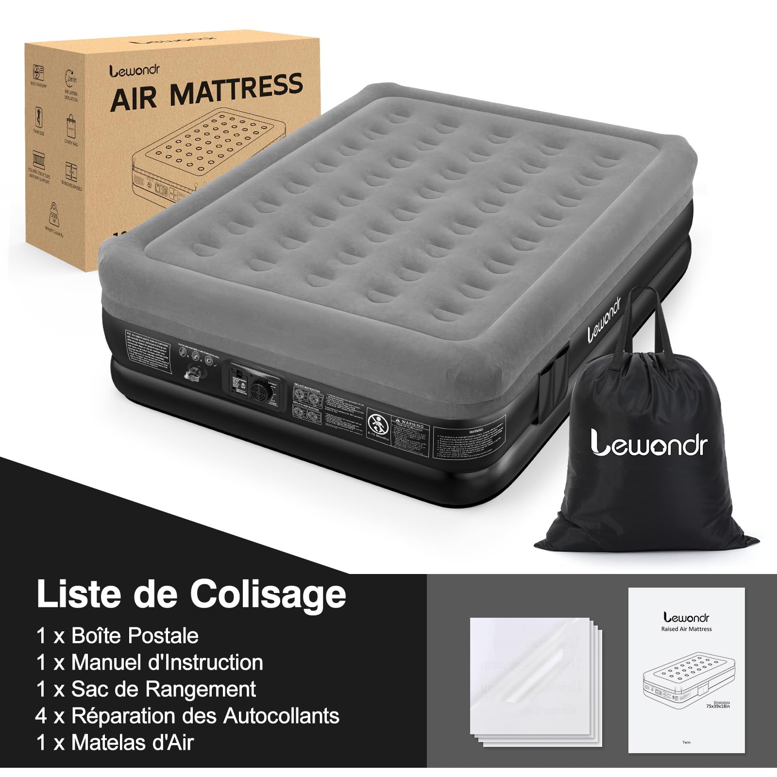Lewondr Matelas Gonflable 2 Personnes, 203x152x46CM, Gris | Pompe Intégrée, Gonflage Rapide en 3 Minutes, Pour Camping Maison Invités Voyages, 300kg MAX