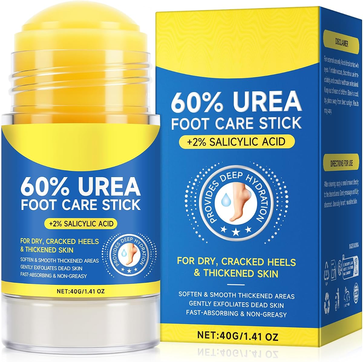 60% de urea con 2% de ácido salicílico, barra para el cuidado de los pies, barra para el talón para pies agrietados, crema hidratante para el cuidado de los pies secos y agrietados, rodillas, codos, manos -1.41 oz