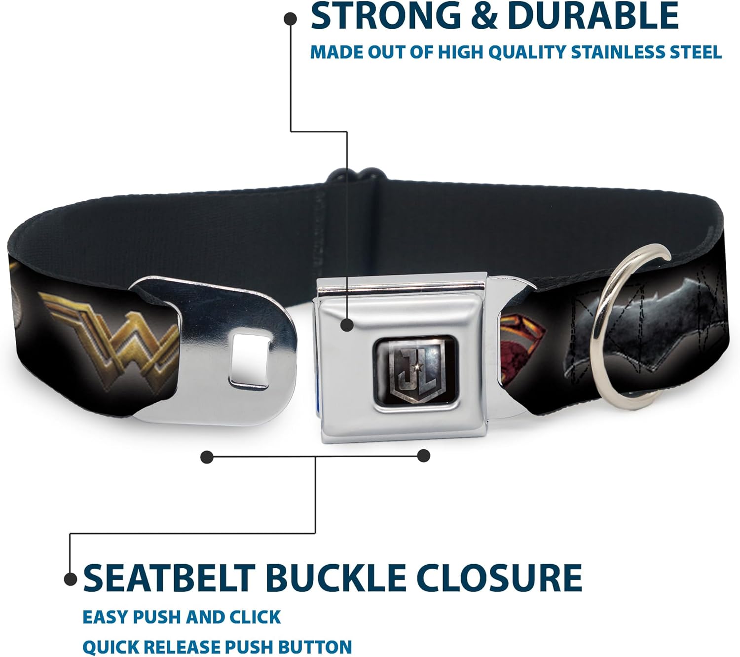 Dog Collar Seatbelt Buckle Justice League 2017 6 Superhero Icons Black 18 to 32 Inches 1.5 Inch Wide