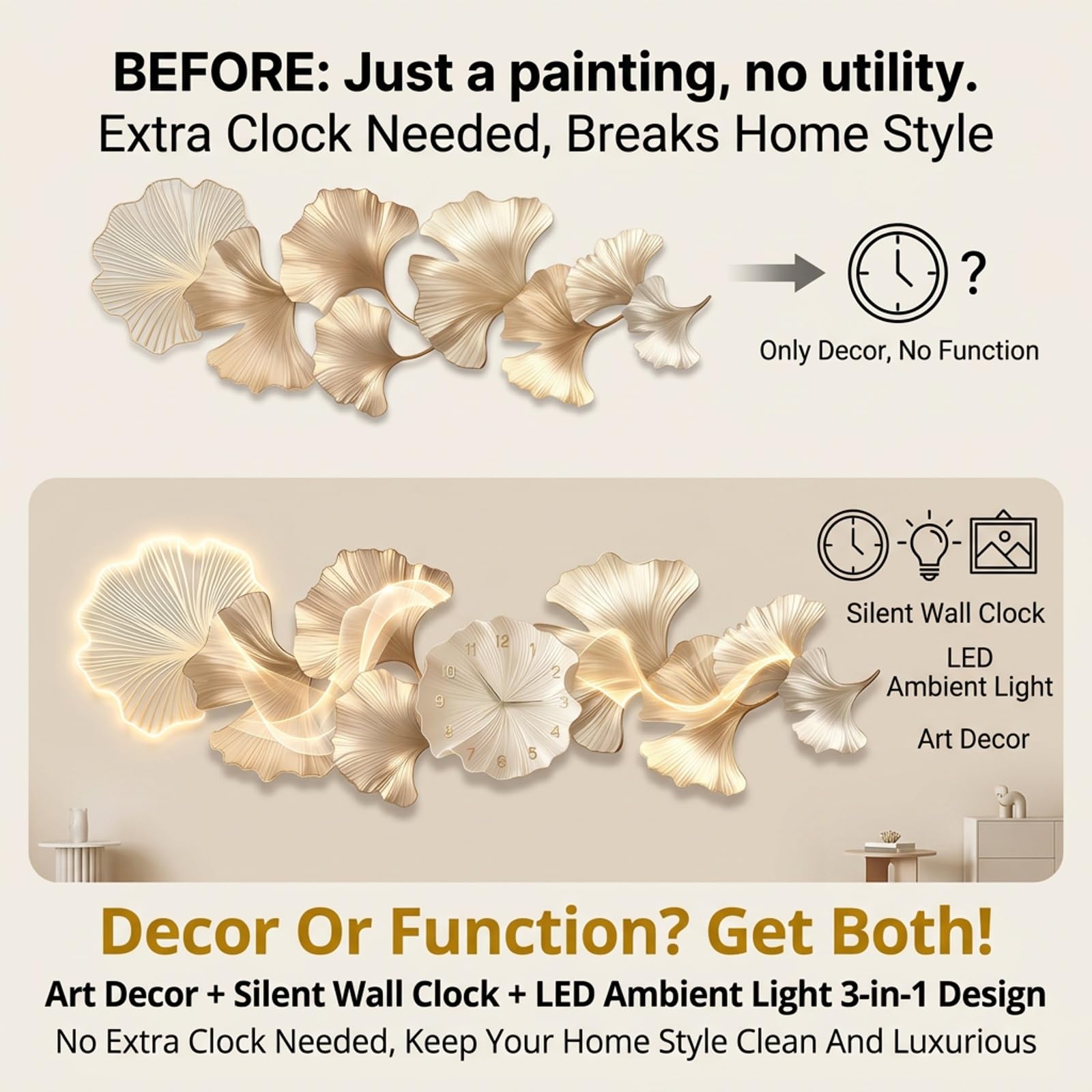 Orologio da Parete 3D con Luce LED e Foglie di Ginkgo Biloba Decorativo | Design 3D stratificato, Retroilluminazione LED calda, Orologio silenzioso, Decorazione(A-LED,39.4*13.8in)