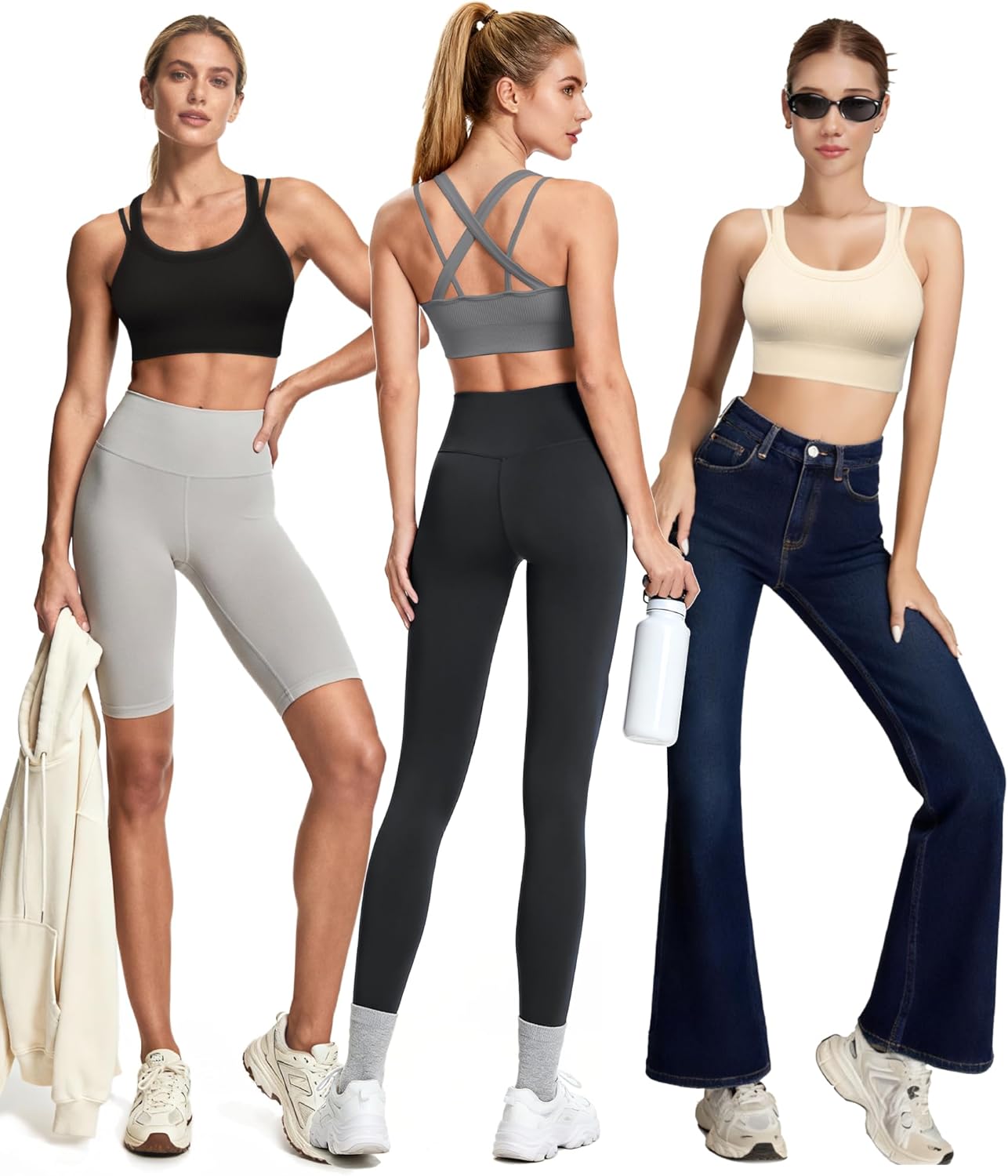 WANAYOU Sports Bras for Women High Support Ribbed Strappy Running Sports Bra Criss Cross Back Workout Bra Padded 3 Pack - Image 5