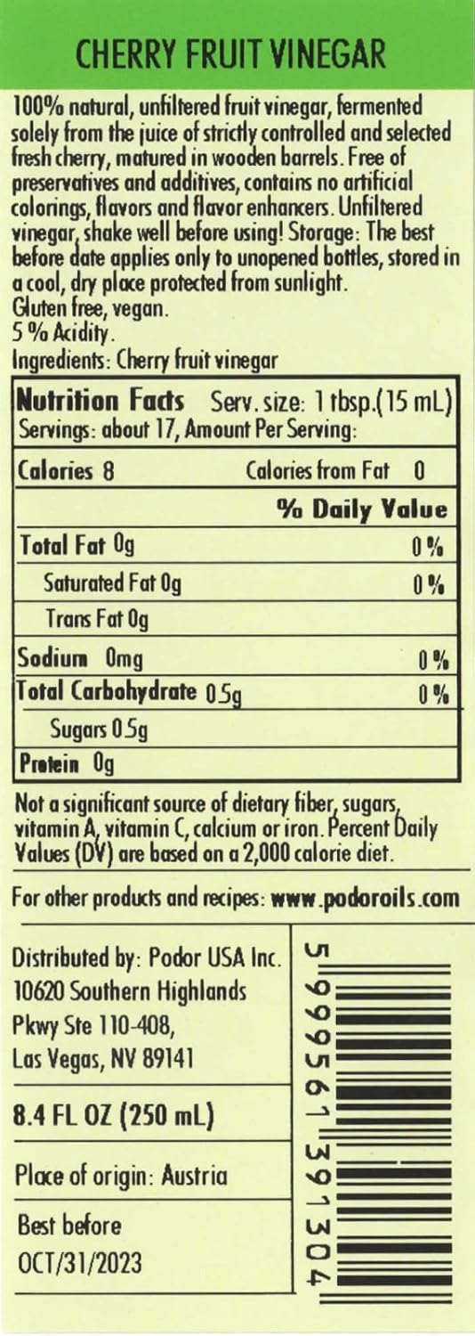 PÖDÖR Premium Cherry Vinegar - 8.4 fl. Oz. - 100% Natural, Aged in Oak Barrels, Fermented, Unfiltered, Vegan, Gluten-Free, Non-GMO in Glass Bottle