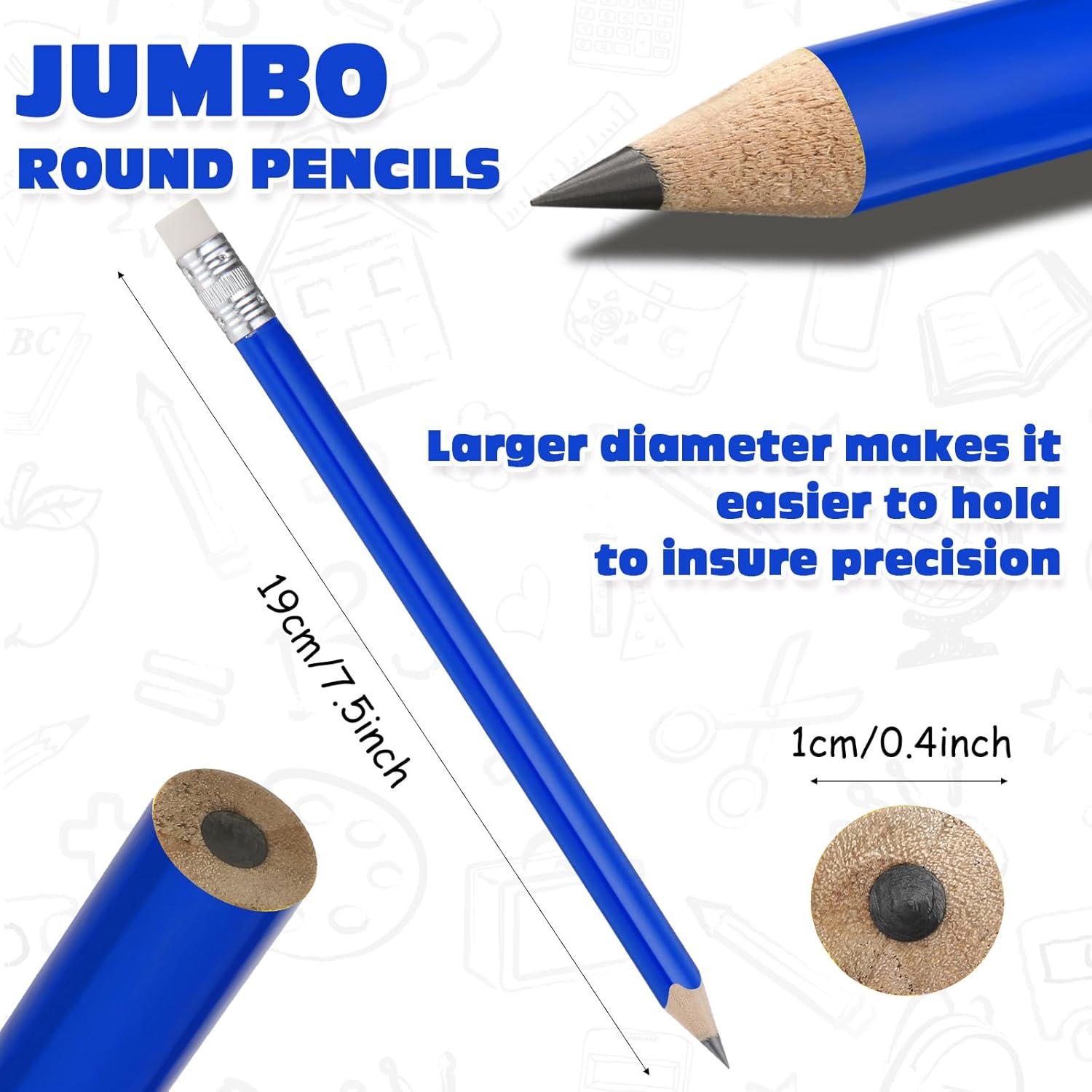 Fainne 48 Pcs Fat Pencils Jumbo Big Thick Large Pencils and 3 Pieces Sharpeners for Kids Beginners Preschoolers Kindergarten School Office Supplies (Blue+silver,Round)