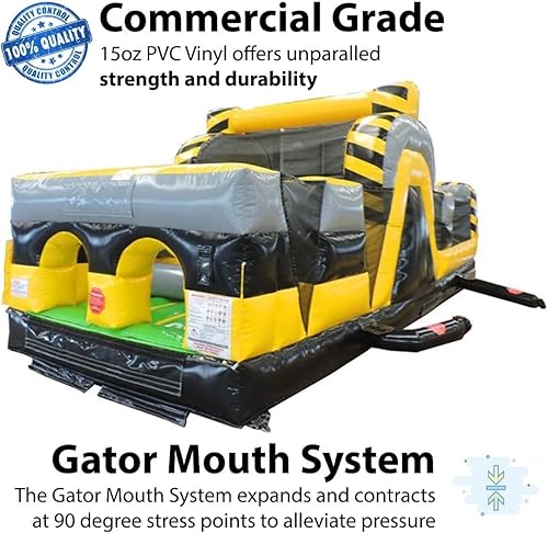 Vista 2 de Carrera de obstáculos de 30 pies de largo por 11 pies de ancho y alto, color veneno negro y amarillo, gorila inflable comercial para patio trasero