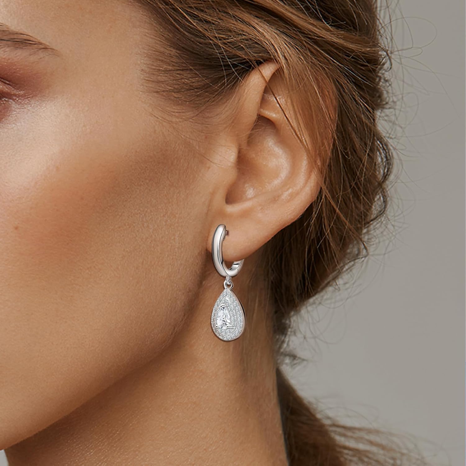Sterling Silver Dangle Hoop Earrings - Teardrop Earrings for Women Hypoallergenic Cubic Zirconia Hoop Charms Earring Dainty Sparkle Waterdrop Loop Dangling Jewelry Gifts for Her Wife Mom - Image 4